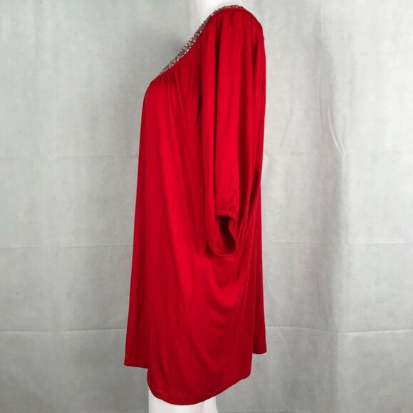 Avenue Shirt Womens Sz 22 24 Red Stretch Knit Beaded Rhinestone Neckline Tunic - Picture 5 of 11
